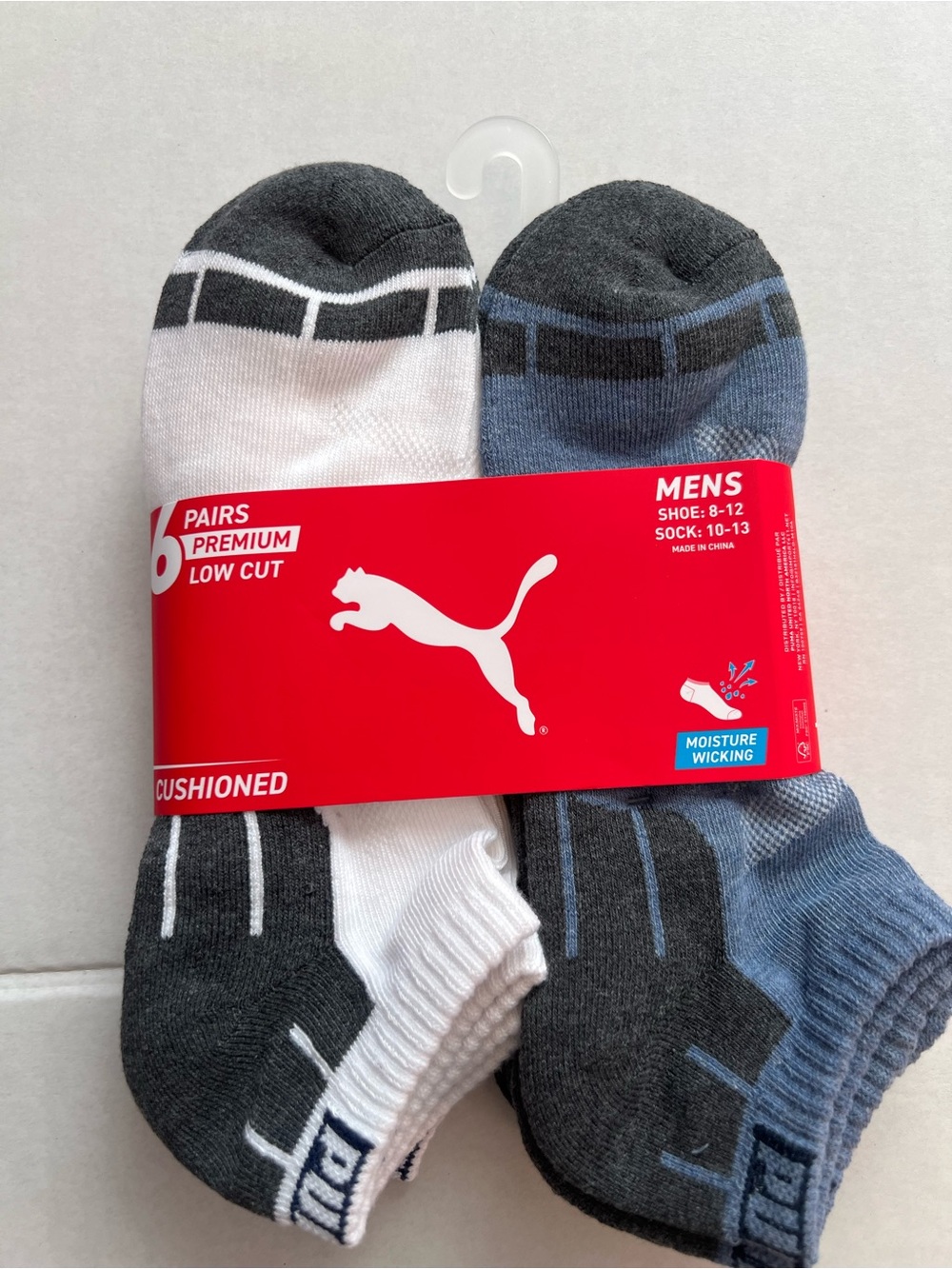 Puma Men's Low Cut Cushion Socks - White & Gray & Blue (6 Pairs)